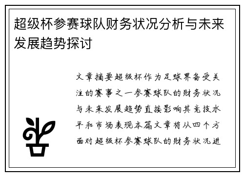 超级杯参赛球队财务状况分析与未来发展趋势探讨