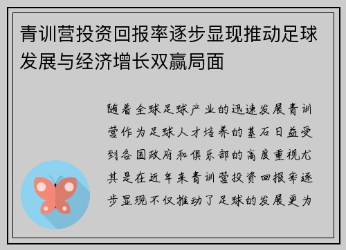 青训营投资回报率逐步显现推动足球发展与经济增长双赢局面 青训营投资回报率逐步显现推动足球发展与经济增长双赢局面