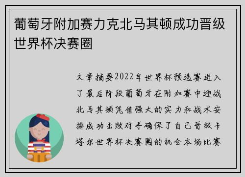 葡萄牙附加赛力克北马其顿成功晋级世界杯决赛圈