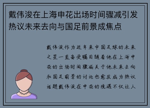 戴伟浚在上海申花出场时间骤减引发热议未来去向与国足前景成焦点