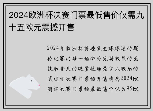2024欧洲杯决赛门票最低售价仅需九十五欧元震撼开售 2024欧洲杯决赛门票最低售价仅需九十五欧元震撼开售