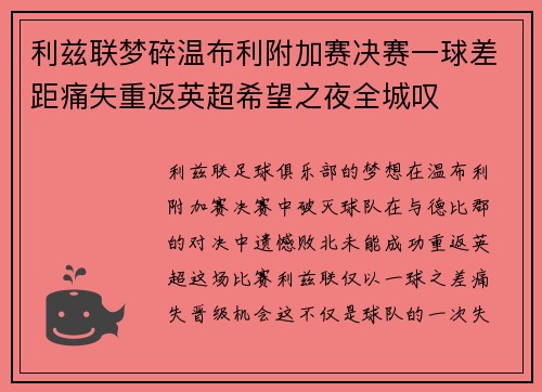 利兹联梦碎温布利附加赛决赛一球差距痛失重返英超希望之夜全城叹 利兹联梦碎温布利附加赛决赛一球差距痛失重返英超希望之夜全城叹